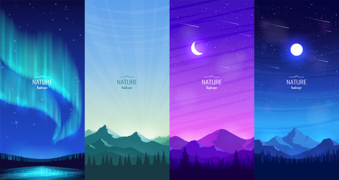 Set of 4 night landscapes. Northern lights, dawn in the mountains, colorful sunset, moon in the dark sky. Concept of tourism, hiking. Vector illustration.