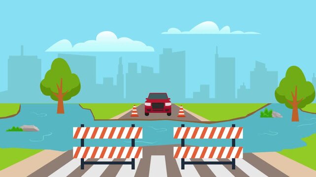 Flood Damaged Road with Section Washed Away, Traffic Barricades, and Car Stranded near City Skyline cartoon animation