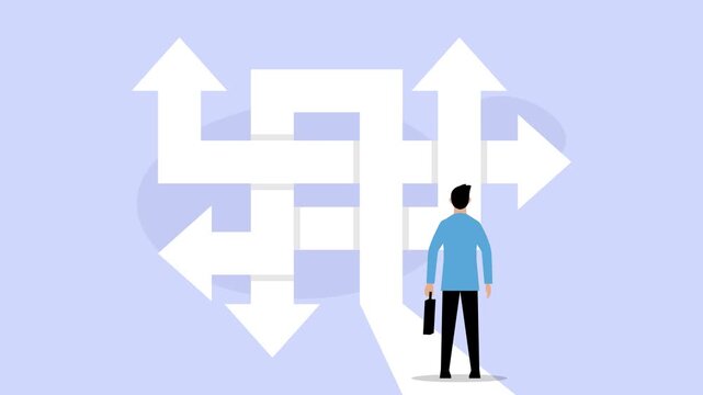 Businessman Facing Complex Path Choices and Directional Strategy cartoon animation
