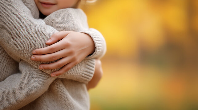 Child receiving a comforting hug, wrapped in a warm sweater, enjoying the golden autumn light, feeling secure and loved in an outdoor family moment, copy space
