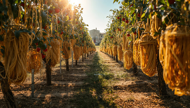 畑で枝から伸びるスパゲッティ、オリーブの雫が光る不思議な昼