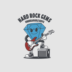 Groovy retro cartoon diamond playing guitar Vector illustration
