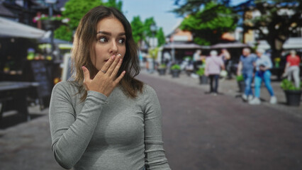 Fototapeta premium Young hispanic woman covering mouth with hand while looking sideways on busy street market; surprise secrecy.