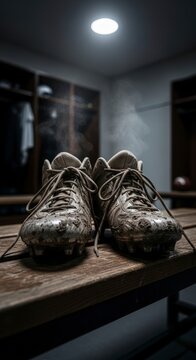 Muddy Football Cleats on Bench Rest.