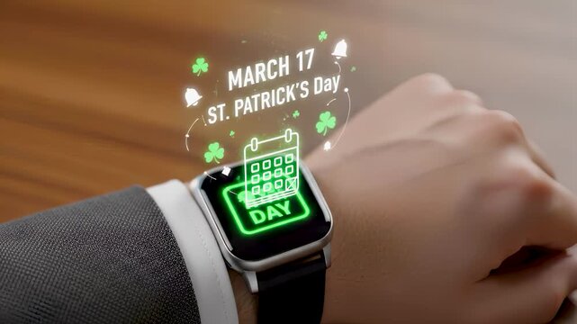Businessman wearing smartwatch displaying holographic St. Patrick's Day calendar reminder, visualizing March 17 holiday event, green shamrock festivity, and digital schedule technology concept.