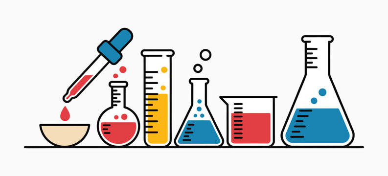 Colourful Chemical Flasks in Doodle Style, Vector Illustration
