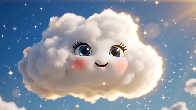 A smiling cloud with a happy face floats in the sky surrounded by stars and fluffy white clouds viewed from below