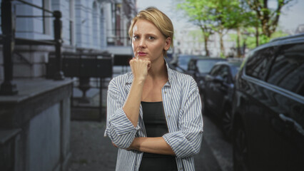 Fototapeta premium Woman with hand on chin and crossed arms on a street with parked cars and building facades; concern doubt decision.