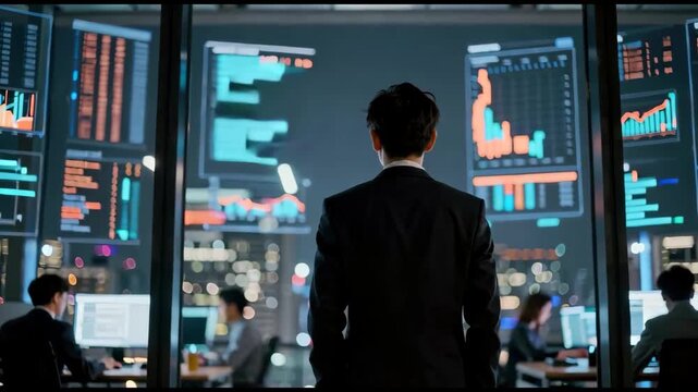 Businessman glass office data walls chart city lights focused elite mood reflecting evening charts