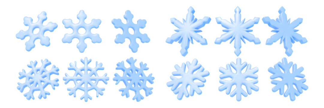 3d snowflake set. Ice snow flake, winter crystal render glossy decorative objects or frost realistic blue decoration different angles view. Plastic weather shape. Vector isolated icon