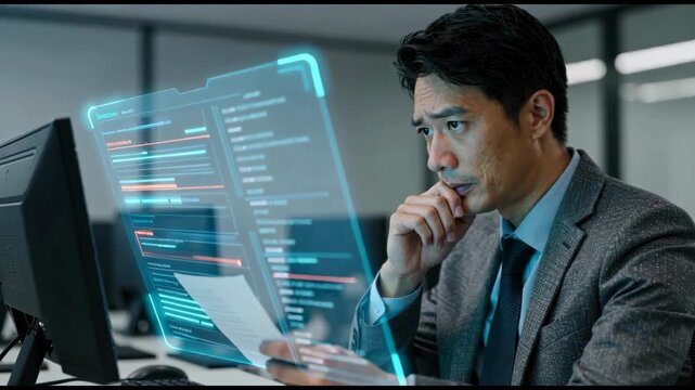 Businessman monitoring document log holographic screen scrolling analytical focused secure text