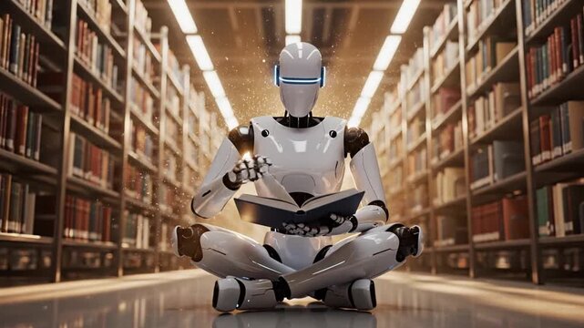 A futuristic robot meditates surrounded by books in a serene library aisle with rows of shelves, viewed from a straight-on perspective.