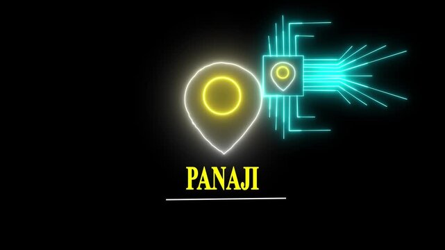location of the city of Panaji ,the name of the place with the location has been displayed, sign animated with alpha channel HD video GPS location tracking icon.on a black backgraund.