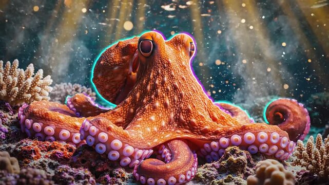 Underwater scene of an octopus surrounded by coral, viewed from the front, with sunlight rays shining down