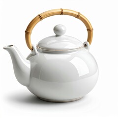 Elegant White Ceramic Teapot With Natural Bamboo Handle For Tea Preparation Isolated On White Background Studio Lighting