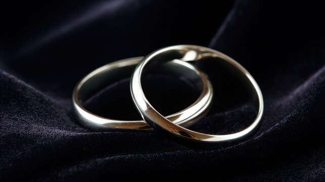 Close-up of intertwined silver wedding bands on velvet backdrop with luminous accents. lifestyle magazines, social media lookbooks, designed for lifestyle magazines and social media content.