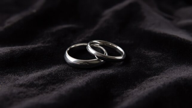 Paired silver wedding bands resting on black velvet fabric with soft luminous highlights. lifestyle magazines, social media lookbooks, designed for lifestyle magazines and social media content.