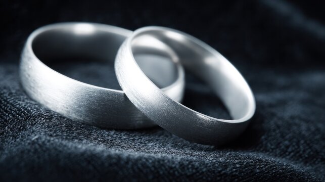 Overlapping silver wedding rings on dark velvet, elegant glow and romantic minimal composition. lifestyle magazines, social media lookbooks, designed for lifestyle magazines and social media content.