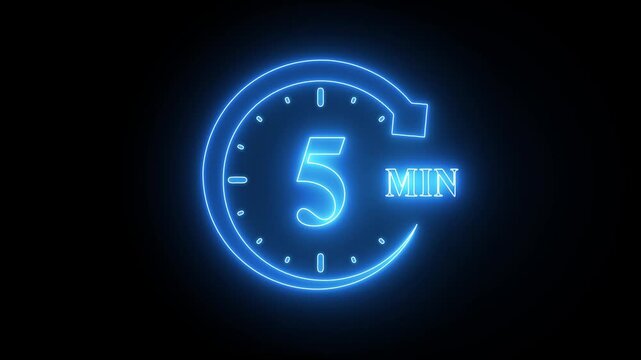 Blue Neon Clock with Five Second Countdown Timer on Black Background five seconds glowing clock