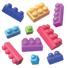 Toy blocks. Realistic plastic bricks. Pink and purple constructor elements for puzzle. Geometric shape. Build cube. Playing children figures. Vector 3D objects set on white background