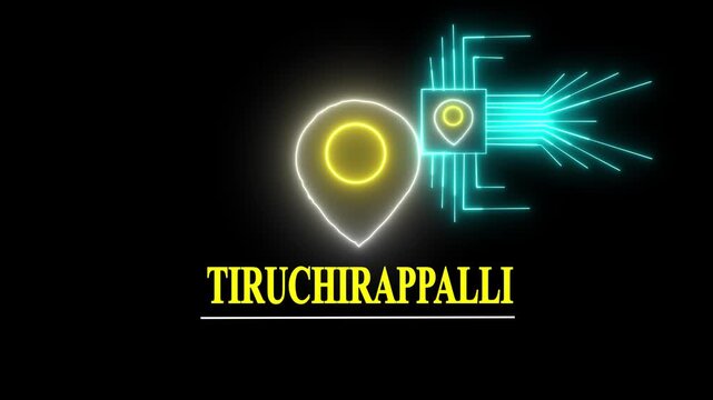 Tiruchirappalli tex animated video . glowing cyan location the name of the place with the location has been displayed. Neon Geolocation Marker &ndash; Highlight GPS location tracking icon,