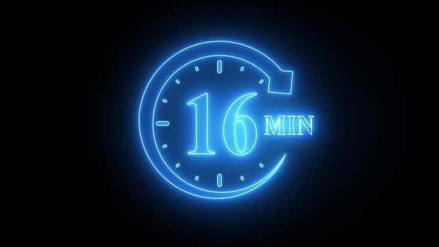 Glowing Blue Neon Clock with Number 16 on Black Background glowing clock blue clock number 16