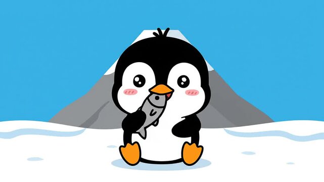 Cute penguin cartoon. baby bird illustration. funny animal eating fish. simple vector mascot. winter wildlife drawing.