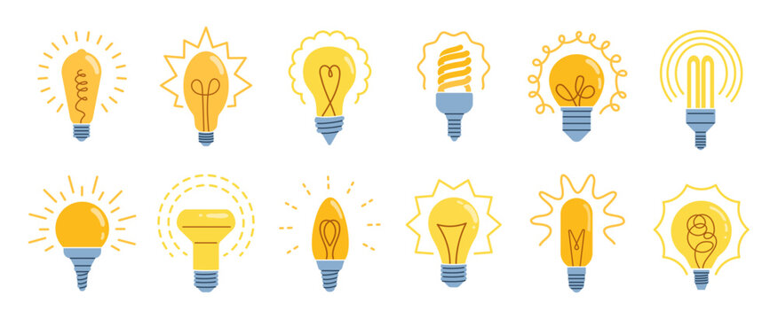 Cartoon bulb. Electricity led light, creative retro doodle design or technology, energy graphic innovation and inspiration symbol. Creative idea. Fluorescent illumination. Vector icons set