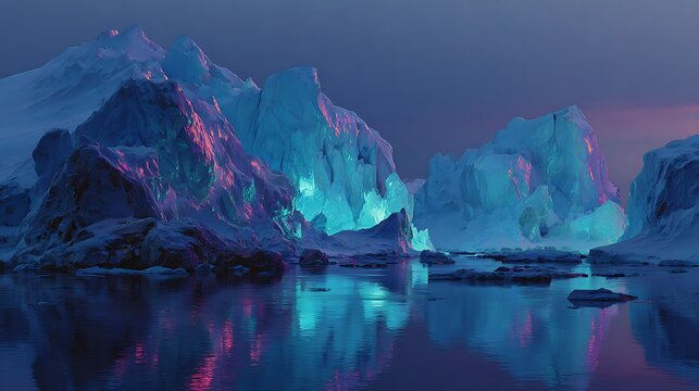 Glowing icebergs in icy fjord at dusk with calm water reflections and purple sky