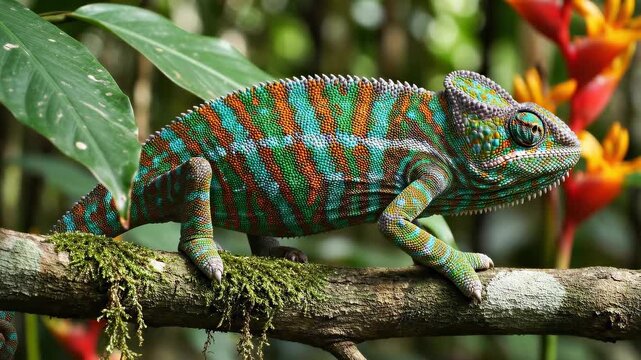Colorful panther chameleon walking on mossy branch in madagascar