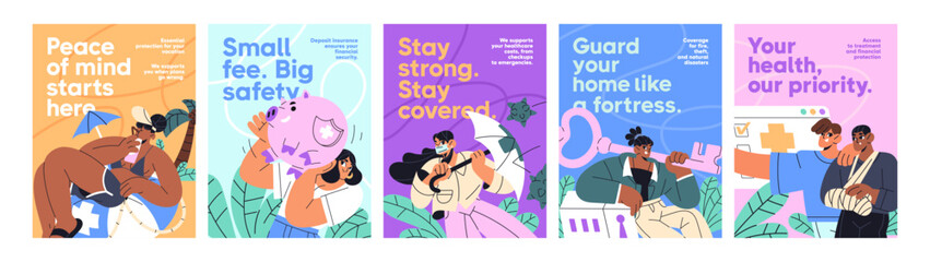 Naklejka na ściany i meble Advertising posters designs of insurance and assurance policies. Promotion templates of protection of health, life, real estate and cars. Medicine and finance safety. Flat vector illustrations.