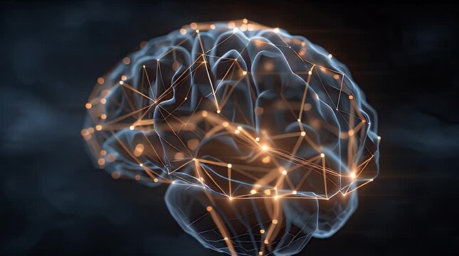Futuristic glowing brain model with intricate connections, embodying the concepts of artificial intelligence, machine learning, and human intellect in a digital age