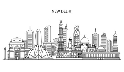 Fototapeta premium New Delhi city skyline line vector illustration with famous landmarks