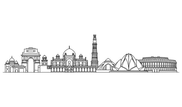 Minimal New Delhi monuments skyline outline vector on white background