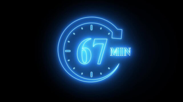 Neon clock with 67 seconds glowing blue stopwatch on black background glowing clock timer