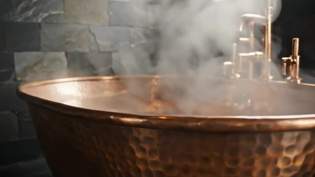 A luxurious copper bathtub with steam rising, set against a stone wall backdrop