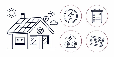 Illustration of a modern home with various smart home features and icons © Hf