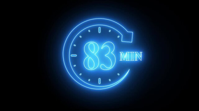 Neon clock with 83 seconds glowing blue stopwatch on black background glowing clock stopwatch timer countdown