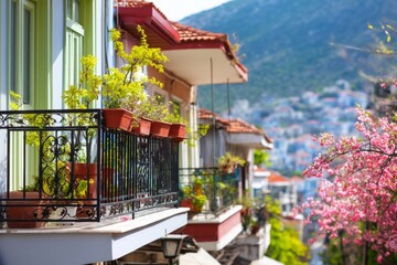 Charming Spring Balconies Adorned with Colorful Flowers and Scenic Views