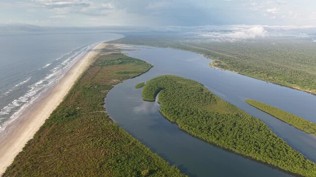 Aerial view of Ararapira River and coastal forest - Superagui Island - Guaraque&ccedil;aba, Paran&aacute;, Brazil