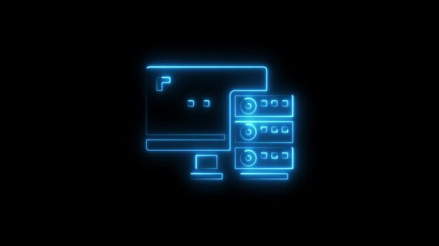 Neon glowing computer server and server stack with monitor and laptop neon blue outline on black background data center server room