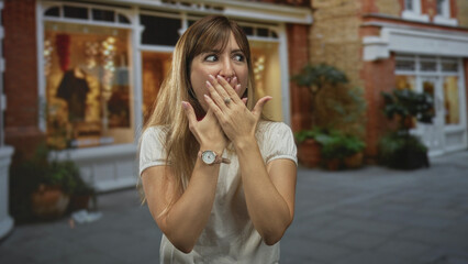 Fototapeta premium Woman covering mouth with hands on street outside shop window display, palms over lips and startled eyes; surprise curiosity.