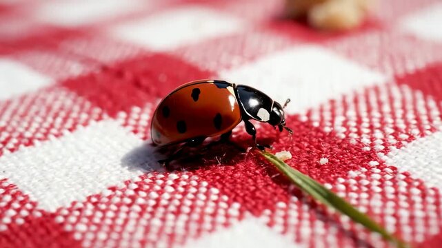 A ladybug with a red and black spotted shell walking on a red and white checkered fabric