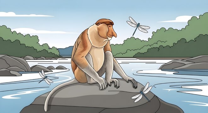 An illustration of a male proboscis monkey (Nasalis larvatus), an endemic species of Borneo, sitting calmly on a large rock by a wide tropical river. The scene is set outdoors with green foliage and r