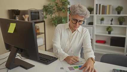Woman with short gray hair wearing glasses writing on business charts at a white desk in office; concentration productivity.
