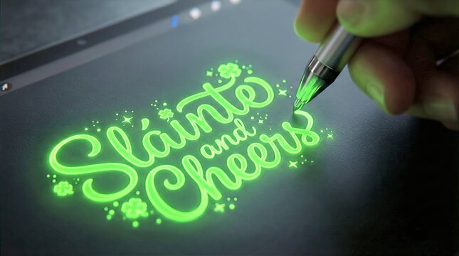 Hand writing neon text Slainte on dark background meaning Cheers in Irish for St. Patrick's Day.