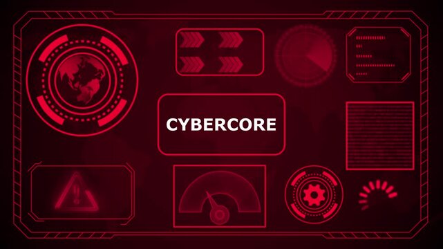 Futuristic HUD interface with "Cybercore" acronym in glowing blue concentric circles and digital background, HUD The world digital data cyber technology background. 4k animation video