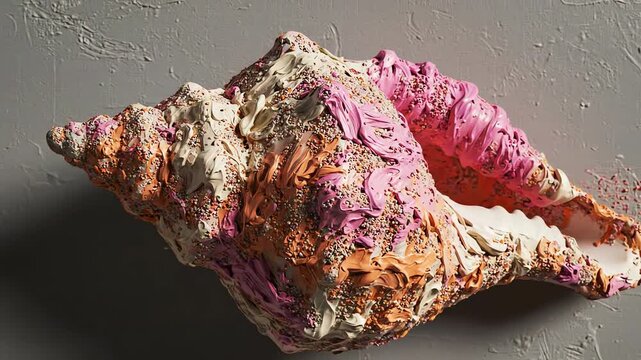 A large colorful conch shell with a textured surface against a gray background