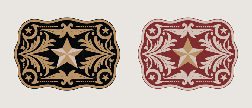 Sheriff Star Badge Vector, Rodeo Cowboy Belt Buckle in Wild West Style, Stylized Western Texas Five-Point Star with Decorative Floral Frame, Vintage Western Design Elements