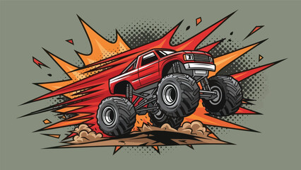 Red monster truck jumping with explosion graphic vector illustration © Muh